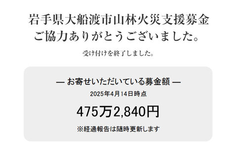 「岩手県大船渡市山林火災支援募金」にご協力いただきありがとうございました