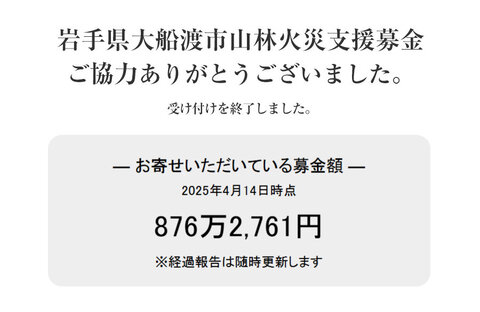 「岩手県大船渡市山林火災支援募金」にご協力いただきありがとうございました
