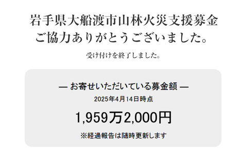 「岩手県大船渡市山林火災支援募金」にご協力いただきありがとうございました
