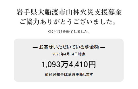 「岩手県大船渡市山林火災支援募金」にご協力いただきありがとうございました