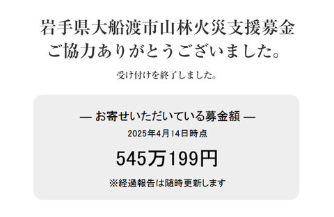 「岩手県大船渡市山林火災支援募金」にご協力いただきありがとうございました