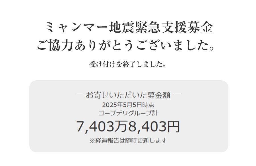  ｢ミャンマー地震緊急支援募金」にご協力いただきありがとうございました