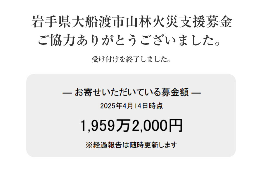 「岩手県大船渡市山林火災支援募金」にご協力いただきありがとうございました